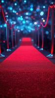 Red carpet event with bright lights and velvet ropes leading to a glamorous venue photo