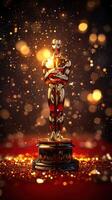 Golden statuette shines amidst sparkling lights creating a festive atmosphere for an award celebration night photo