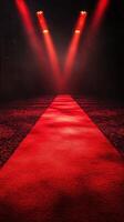 Spotlights illuminate a long red carpet pathway in a darkened venue during an evening event photo