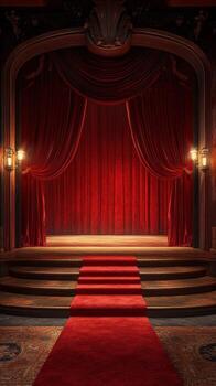 Elegant red curtain stage with carpeted steps and ambient lighting in an upscale theater setting photo