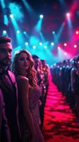 Stylish models pose on a runway with colorful lights illuminating a glamorous fashion event at night photo