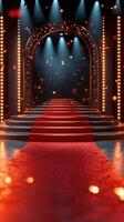 Red carpet entrance with illuminated stage and sparkling decorations at a glamorous event photo