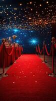 Elegant red carpet entrance with twinkling lights and decorations for a glamorous event at nightfall photo