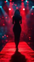 Stunning silhouette walks down the runway during night fashion event with striking red and blue lighting photo