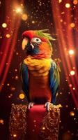 Colorful parrot posing on a decorative pedestal with sparkling background in a vibrant setting photo