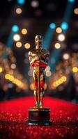 Gold statuette stands prominently on a shimmering red carpet surrounded by illuminated bokeh lights photo