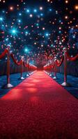 Bright red carpet leading to a glamorous event venue illuminated by sparkling lights and a starry background at night photo