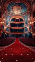 Luxurious theater interior with red carpet illuminated by elegant chandeliers during an evening performance photo