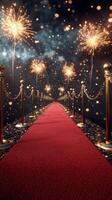 Elegant red carpet leading to a festive celebration with fireworks illuminating the night sky photo