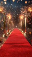 Red carpet pathway illuminated by sparkling lights and fireworks for a glamorous event photo