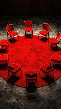 Red circular seating arrangement for group discussions in a moody indoor space photo
