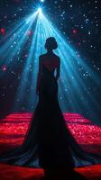 Elegant model showcasing haute couture fashion on a dazzling runway with dramatic lighting effects and vibrant colors photo