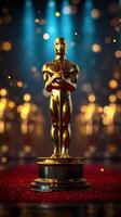 Golden trophy stands proudly on a red carpet surrounded by soft spotlight illumination at an award ceremony photo