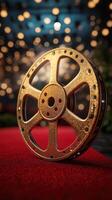Vintage film reel resting on a red carpet with blurred decorative lights creating an elegant atmosphere photo