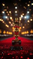 Gold award statue on a shimmering red carpet illuminated by soft lights during a prestigious film event photo