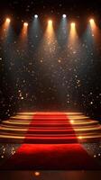 Illuminated red carpet leading to a stage surrounded by sparkling lights and golden accents photo