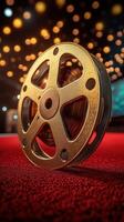 Vintage film reel resting on a red carpet under bright ambient lights in an elegant venue photo
