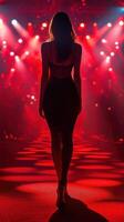 Model walks confidently in a stylish black dress under vibrant red stage lights at an evening event photo