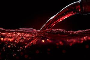 Red wine pouring and splashing into glass with bubbles on black background photo