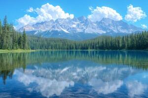 Emerald Lake reflecting the Canadian Rockies and coniferous forest on a sunny day photo