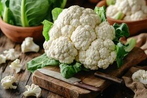 Fresh cauliflower head resting on wooden cutting board with knife photo