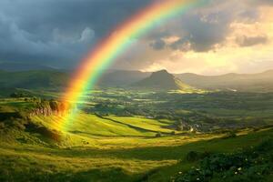 Bright rainbow touching green fields in County Sligo, Ireland photo