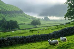 Sheep grazing in a green field in the Yorkshire Dales National Park photo