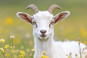 White goat relaxing in a field of flowers photo