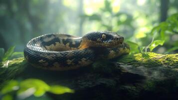 Carpet python resting on a mossy branch in a rainforest photo