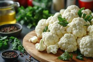 Fresh cauliflower on wooden cutting board with spices and herbs photo
