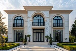 Luxurious white marble mansion with arched windows and balconies featuring a paved driveway and manicured lawn photo