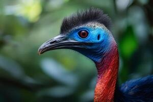 Cassowary bird posing in the rainforest, showing its colorful plumage photo