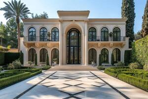 Beige mega mansion with large driveway and manicured gardens displaying wealth and opulence photo