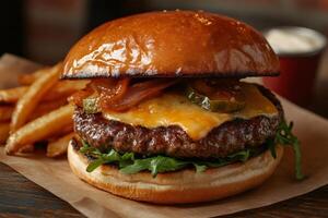 Delicious burger with melted cheese, caramelized onions and jalapenos resting on arugula, served with french fries photo