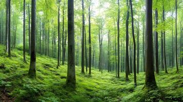 Green forest showing moss covered ground and lush foliage photo