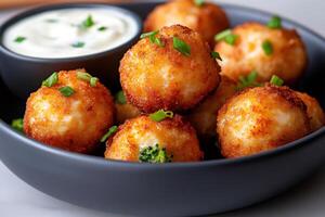 Deep-fried potato and broccoli balls garnished with chives served with dipping sauce photo
