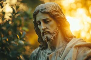 Ancient stone statue of Jesus Christ looking down with golden light in the background photo