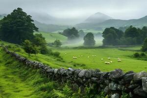 Sheep grazing in a green field in the Lake District National Park photo