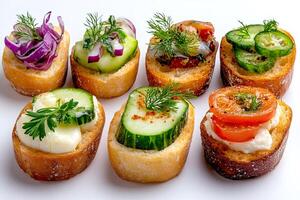 Chef preparing delicious canapes with various toppings for a party or event. photo