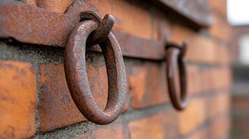 Rusty iron rings hanging on a brick wall photo