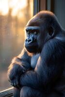 Gorilla sitting near window during golden hour looking pensive photo