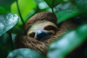 Lovely sleeping sloth resting on a tree in the rainforest photo