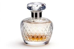 Elegant crystal perfume bottle standing on white background photo