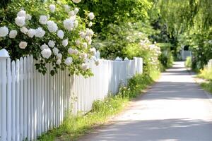 White picket fence with blooming white roses bordering a quiet paved road photo
