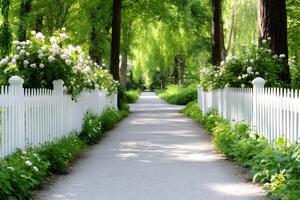 White picket fence bordering gravel path in lush green park photo