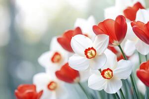 White daffodils and red tulips creating a beautiful spring bouquet photo