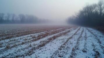 Fog covering snowy field at sunrise in winter photo
