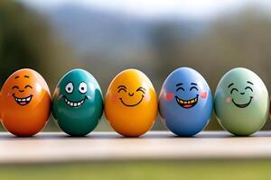Easter eggs with funny faces showing different emotions are standing in a row photo