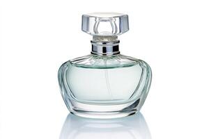 Elegant perfume bottle reflecting on white background photo