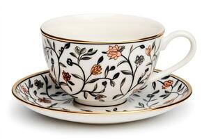 Elegant teacup and saucer with floral design resting on white background photo